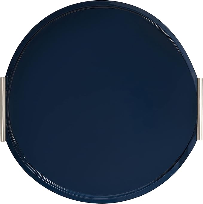 Kate And Laurel Lipton Modern Round Tray; 15.5 Diameter; Navy and Silver; Decorative Accent Tray for Storage and Display