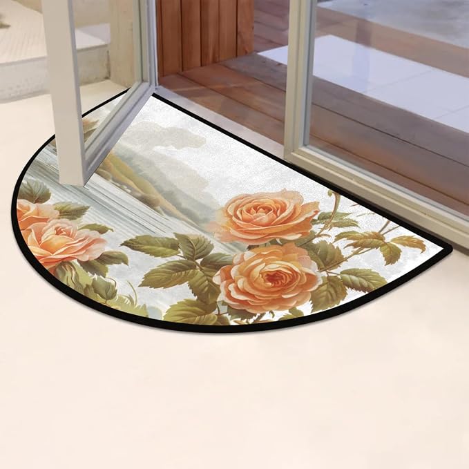 cfpolar Half Round Door Mat Vintage Rose Flower Non-Slip Semi Circle Area Rug Washable Half Moon Hearth Rugs for Indoor Outdoor Bathroom Kitchen Patio Runner Mat Laundry Room Home Decoration