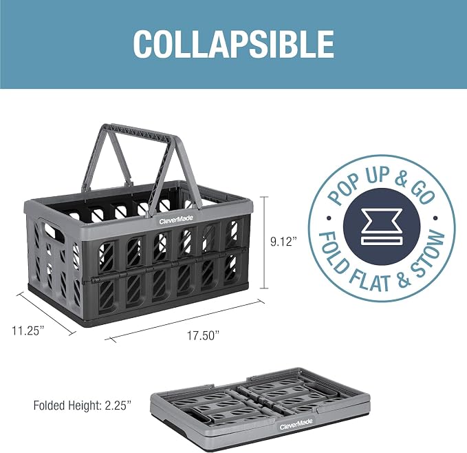 CleverMade Collapsible Shopping Basket, 24L, 3 Pack, Stone | Rigid walls protect groceries and supplies. Each basket carries 25 lb, stacks securely, and folds to 2.25 inches.