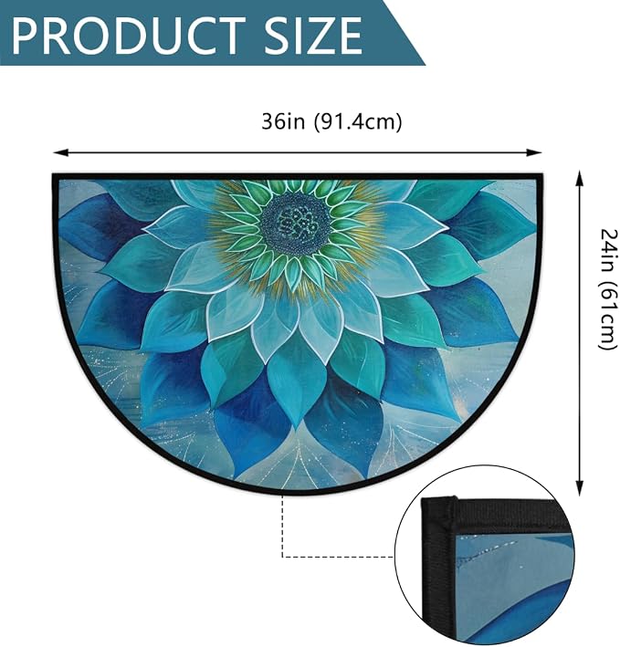 Teal Mandala Flower Half Round Door Mat Non-Slip Semi Circle Rug Washable Half Moon Floor Rug Absorbent Bathroom Area Rugs for Outdoor Indoor Fireplace Mat Entryway Kitchen Decor Rugs