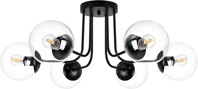 KoKo&Yukina 6-Light Modern Semi Flush Mount Ceiling Light Fixture Mid Century Ceiling Light Globe Ceiling Light with Clear Glass Shade Matte Black Finish for Bedroom Hallway Dining Room Living Room