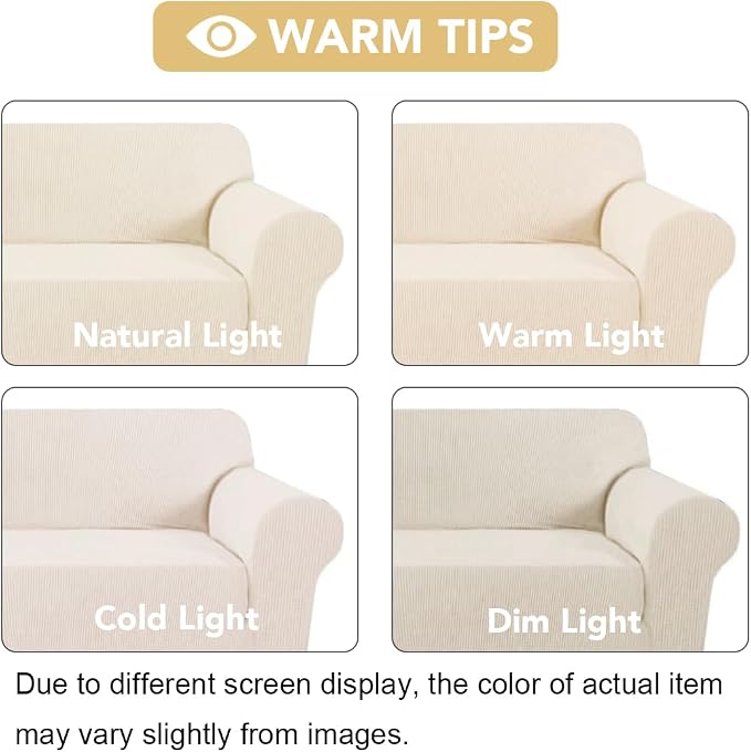 H.VERSAILTEX Stretch Couch Covers for Sofa 1 Piece Slipcovers for Couches Sofas 3 Seater Couch Cover Feature Thick Checked Jacquard Fabric with Elastic Bottom,L Sofa 90"-100" Wide,Cream
