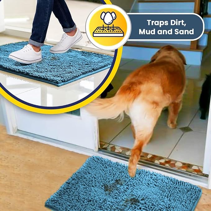 Muddy Mat® | Super Water Absorbent Door Mat Indoor, Microfiber Quick Dry Chenille Entryway Rug, Slip Resistant Front Door Mat, Indoor Mats for Entryway, Machine Washable Pet Rug, Sky Blue 2ft x 4ft