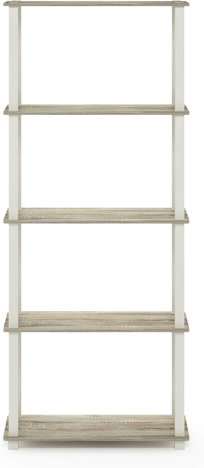 Furinno Turn-N-Tube 5-Tier Multipurpose Shelf / Display Rack / Storage Shelf / Bookshelf, Square Tubes, Sonoma Oak/White | Tool-Free Storage Shelves with Square Tubes, Shelving Unit, for Organization and Storage, for Living Room, Home Office