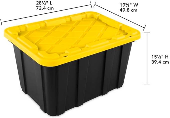 Sterilite Industrial Storage Tote with Lids for Garage, 27 Gallon, 16-Pack | Heavy-Duty and Stackable Utility Box Containers for Home, Office, and Basement Organization, Black/Yellow