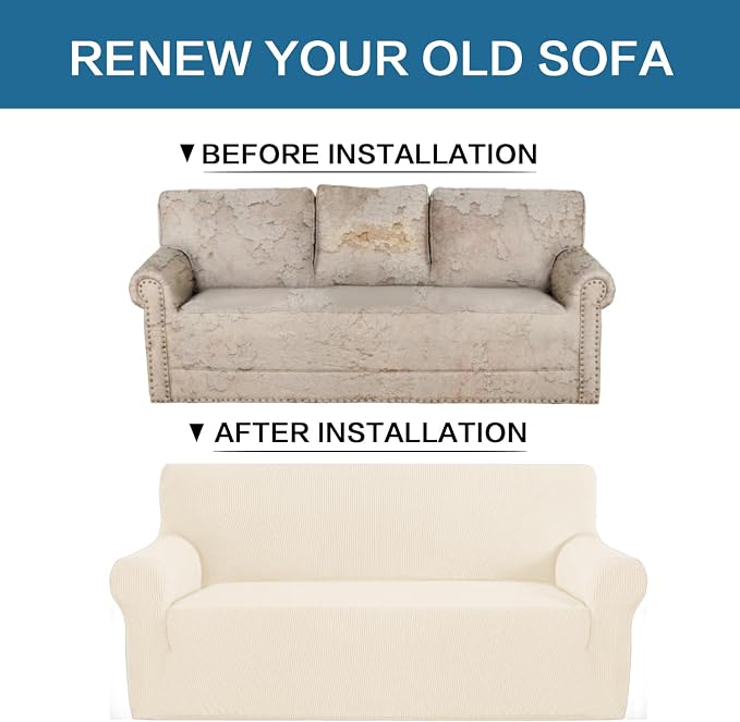 H.VERSAILTEX Stretch Couch Covers for Sofa 1 Piece Slipcovers for Couches and Sofas 3 Seater Couch Cover Feature Thick Checked Jacquard Fabric with Elastic Bottom, 72"-88" Wide, Cream