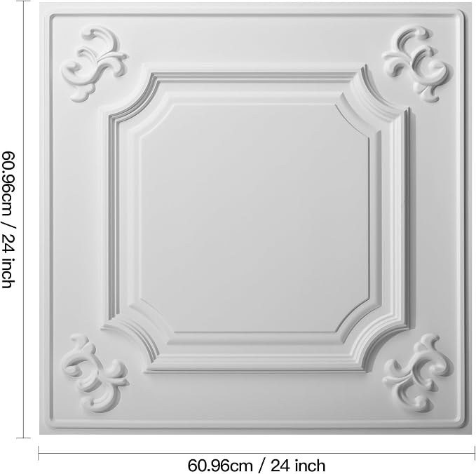 Art3d Drop Ceiling Tiles 24x24,(12-Pack, 48 Sq.ft),Wainscoting Panels Glue Up 2x2, Cloud-White | PVC, Water Resistant, Shatterproof, Fade-Resistant, Compatible with Grid System, Versatile for Living Room, Bedroom & Office