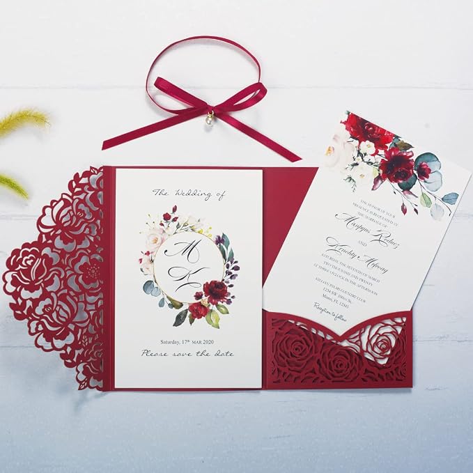 50PCS Burgundy Customized Wedding Invitation with Envelopes Laser Cut Hollow Flora Pocket with Ribbon Invitations for Wedding Engagement Quincenera Invites