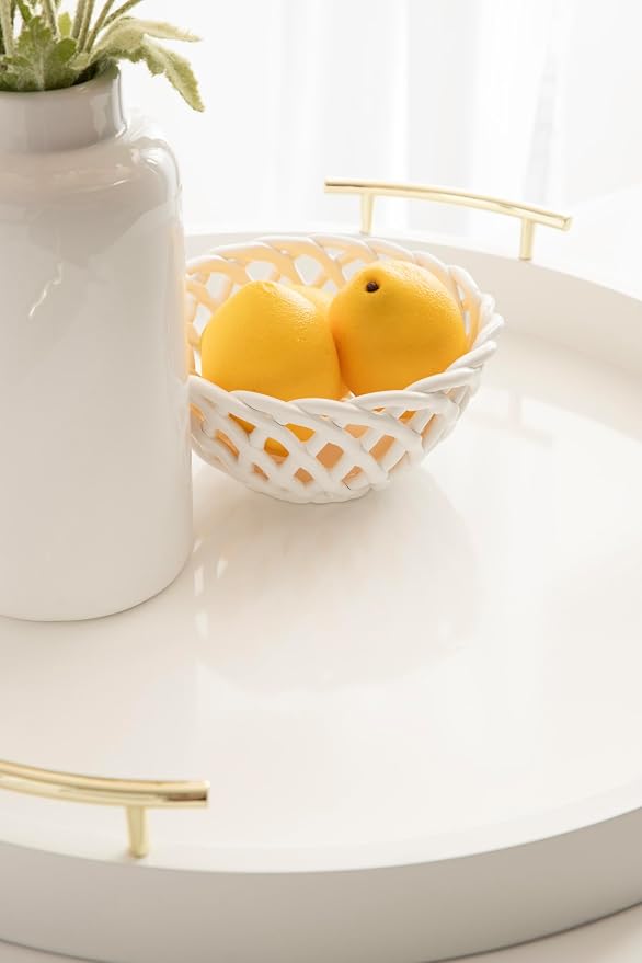 Kate And Laurel Lipton Modern Round Ottoman Tray; 22 Inch Diameter; White and Gold; Decorative Circle Coffee Table Tray for Living Room Decor or Large Serving Tray