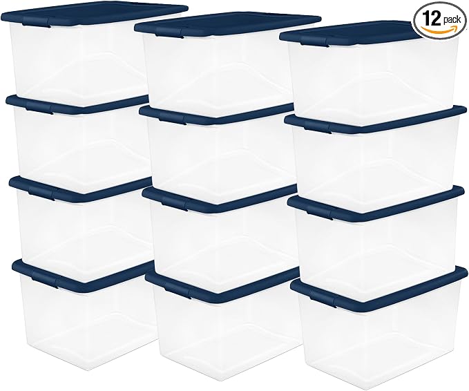 Sterilite Color Program, Large Clear Plastic Storage, 64 Quart, 12-Pack | Clear Bins with Blue Lids - Stackable Organizing Container Boxes for Closet, Bathroom, and Office