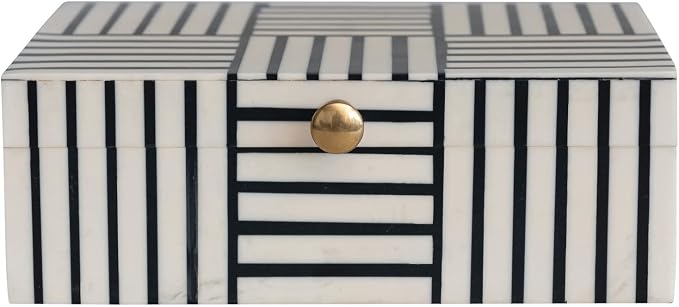 Bloomingville Plastic Storage Box with Striped Block Pattern and Gold Knob, Black and White