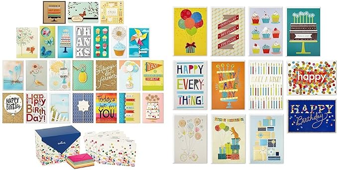 Hallmark All Occasion Cards Assortment Box with Envelopes, Handmade Greeting Card Organizer Box with Dividers, Watercolor Dots (Pack of 24) & Handmade Birthday Cards Assortment, Happy Cake Day