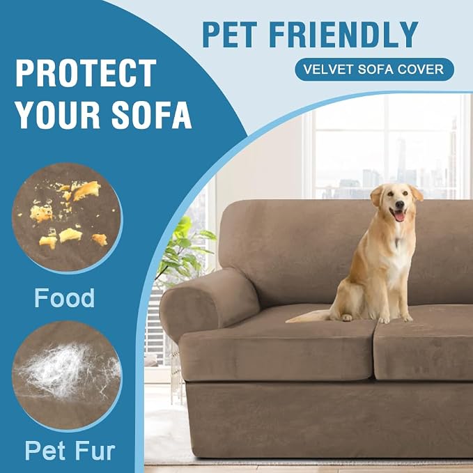 Sofa Cover 4 Piece T Cushion Sofa Slipcovers Thick Velvet Couch Cover Furniture Protector Stretch Sofa Covers for 3 Cushion Couch with 3 Individual T Cushion Covers Washable, Camel