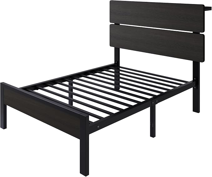 SHA CERLIN Twin Size Bed Frame, Led Light, Charging Station, Storage Shelf | Wooden Headboard, Heavy Duty Slats Support, Metal Platform Bed, Under Bed Storage, No Box Spring Needed, Noise Free, Black