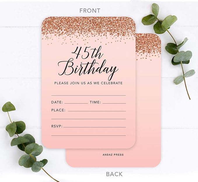 Andaz Press Blush Pink and Rose Gold Glitter Elegant Party Collection, 5x7-inch Invitations with Envelopes, 45th Birthday, 24-Pack, Double Sided Printing, Heavy Card Stock, Includes Envelopes