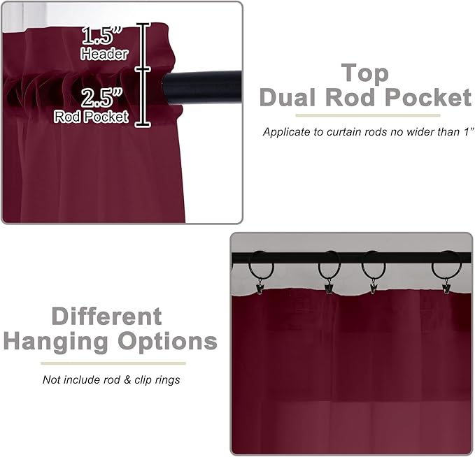 Cafe Curtains 36 Inch Length Tier 2 Pieces, Modern Soft Airy Sheer Kitchen Short Curtains for Small Window, Rod Pocket Small Curtain for Bathroom Basement, Burgundy, Each, 42" Wx36 L Inches