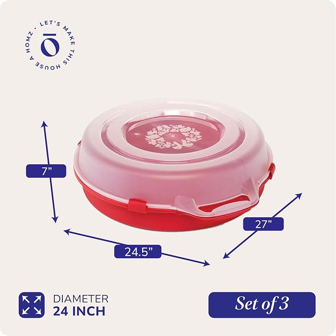 HOMZ Set of 3 Holiday Wreath Plastic Storage Containers, Holds Up to 24” Diameter, Secure Latching Lid and Easy Grip Handle, Stackable and Nestable, Red/Clear | Stackable Seasonal Decoration Organizer Bins with Lids and Handles for Christmas Wreaths an...