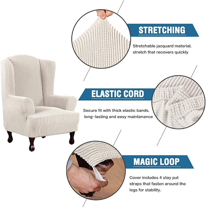 H.VERSAILTEX Wing Chair Slipcover Chair Covers for Wingback Chairs Wingback Chair Covers Slipcovers 1 Piece Stretch Sofa Cover Furniture Protector Soft Spandex Jacquard Checked Pattern, Ivory