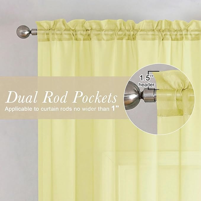 Lecloud Goose Yellow Sheer Curtains 96 Inches Long 2 Panels, Rod Pocket Light Filtering Window Curtains for Living Room Bedroom Dining Room, Voile Airy Balcony Drapes, Each Panel 42" W x 96" L