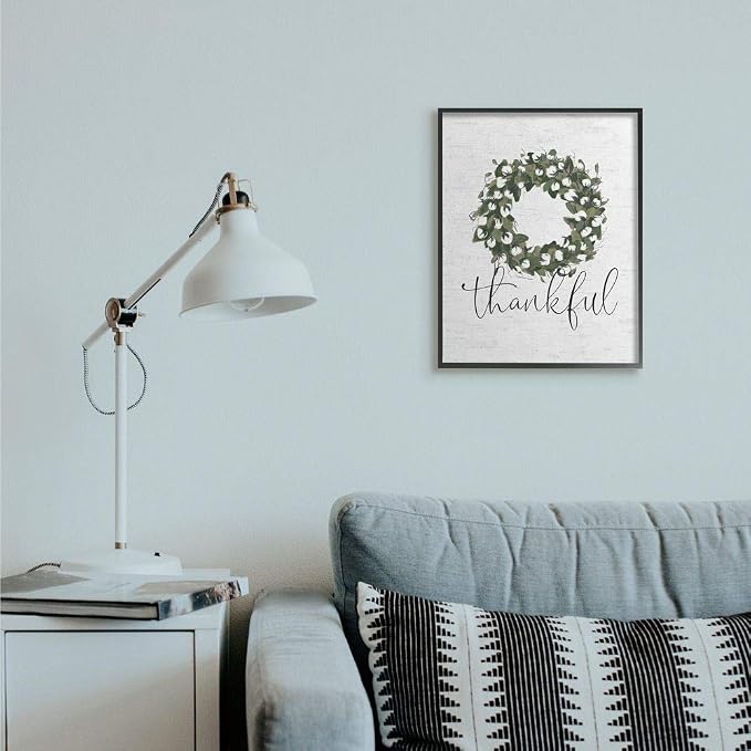 Thankful Cotton Wreath Botanical Accent, 16 x 20 Inch Framed Giclée Print | Stupell Industries | Black, 16 x 20 Inches, Easy to Hang and Sturdy, Made in USA, by Lettered and Lined