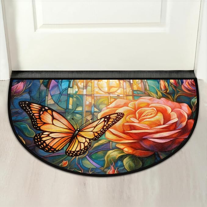 Butterfly Glass Morocco Half Round Door Mat Intdoor Entrance 36x24 Inch, Non-Slip Welcome Mat for Outdoor Semi Circle Bathroom Floor Rugs,House Entry Way Heavy Duty Doormat for Kitchen Living Room