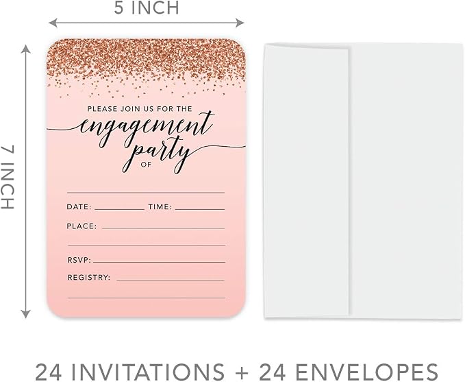 Andaz Press Blush Pink and Rose Gold Glitter Elegant Party Collection, 5x7-inch Invitations with Envelopes, Engagement Party, 24-Pack, Double Sided Printing, Heavy Card Stock, Includes Envelopes