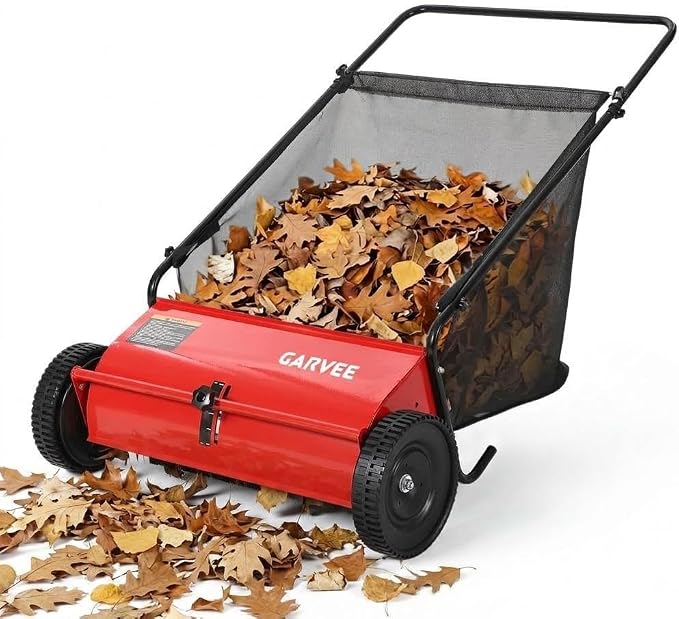 Manual Push Lawn Sweeper 26 Inch- Walk Behind Yard Sweeper for Leaves and Grass,7 Cu. ft. Large Hopper, Height Adjustable, 4 Fast Spinning Brushes