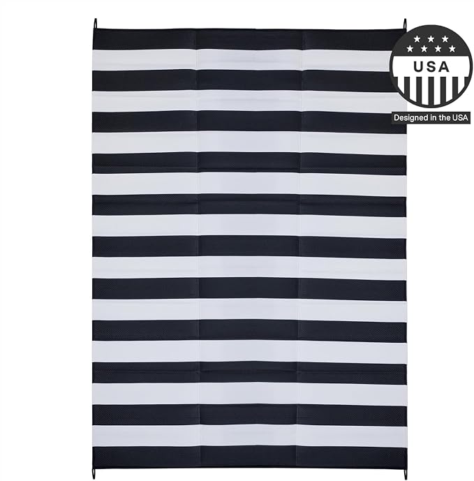 FH Home Outdoor Camping Rug - Waterproof, Fade Resistant, Reversible - Premium Recycled Plastic - Striped - Large Patio, Deck, Sunroom, RV - Brittany Stripe - Black & White - 9 x 12 ft Foldable