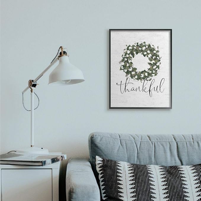 Stupell Industries 'Thankful Cotton Wreath Accent'| Framed Giclee Art | Stupell Industries | Black, 24 x 30 Inches, Easy to Hang and Sturdy, Made in USA, by Lettered and Lined