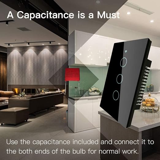 MOES Touch Wall Single Live Wire Smart Switch，No Neutral Wire Needed, 2.4GHz WiFi RF433 Light Switch Works with Smart Life/Tuya App, Alexa and Google Home, Single Pole 110V, Black 3 Gang