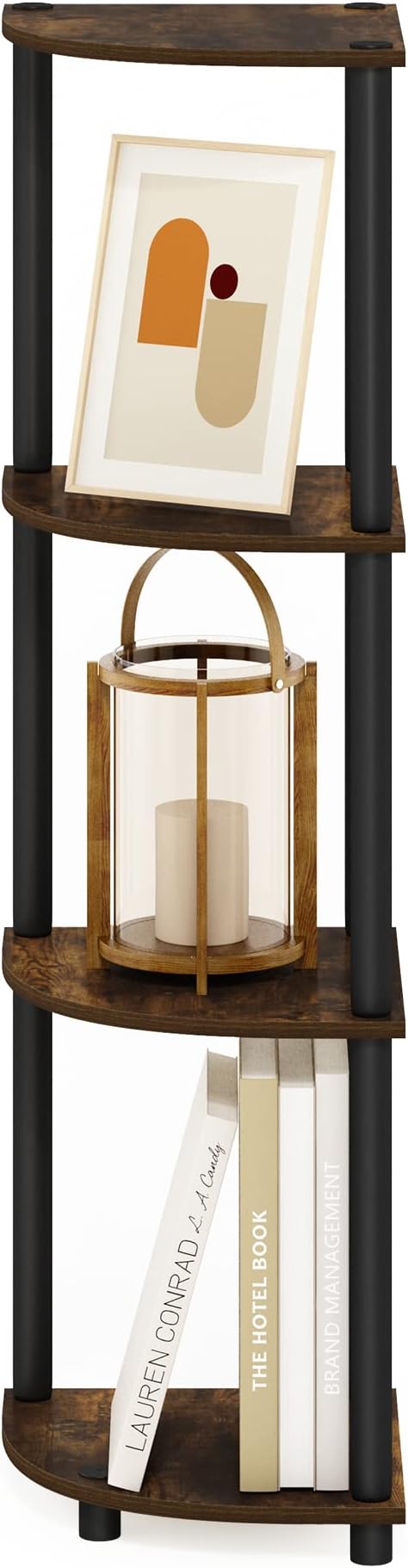 Furinno Turn-N-Tube Toolless Assembly 4-Tier Corner Shelf, Rustic Brown Corner Book Shelf, Open Shelves Bookshelf, for Organization and Storage, Living Room, Home Office, Bedroom, Amber Oak