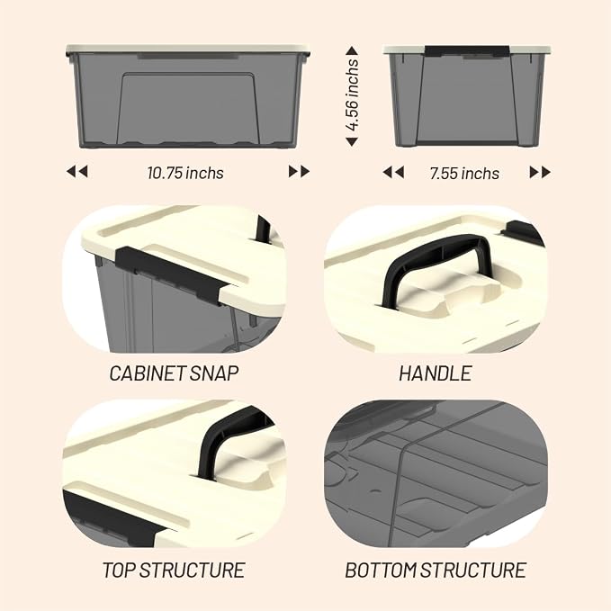 9-pack clear small plastic storage bins with khaki safety lids and black latch locks, durable stackable nestable organization containers, 6 quarts
