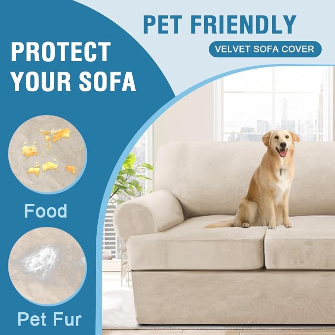H.VERSAILTEX Sofa Cover 3 Piece Loveseat Slipcovers Thick Velvet Couch Cover Furniture Protector Stretch Sofa Covers for 2 Cushion Couch with 2 Individual T Cushion Covers Washable, Ivory