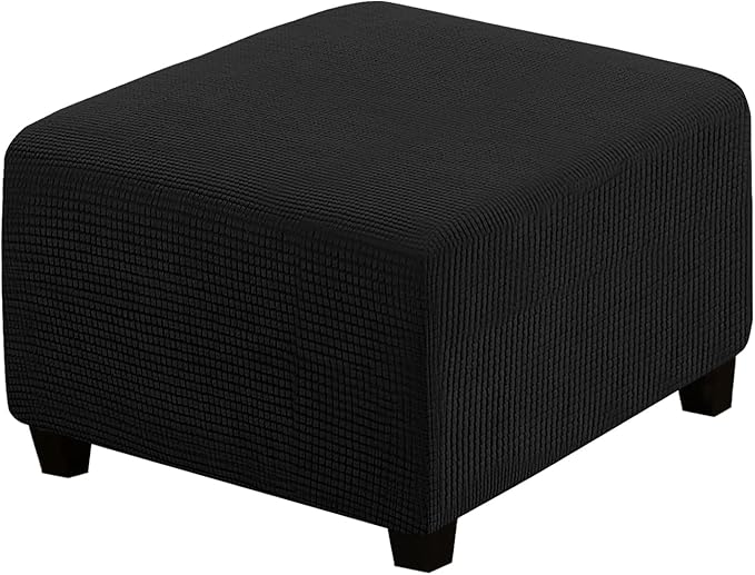 H.VERSAILTEX Square Ottoman Covers Ottoman Slipcovers Folding Storage Stool Furniture Protector Form Fit with Elastic Bottom, Stretch High Spandex Small Checks Jacquard Fabric(Medium,Black)