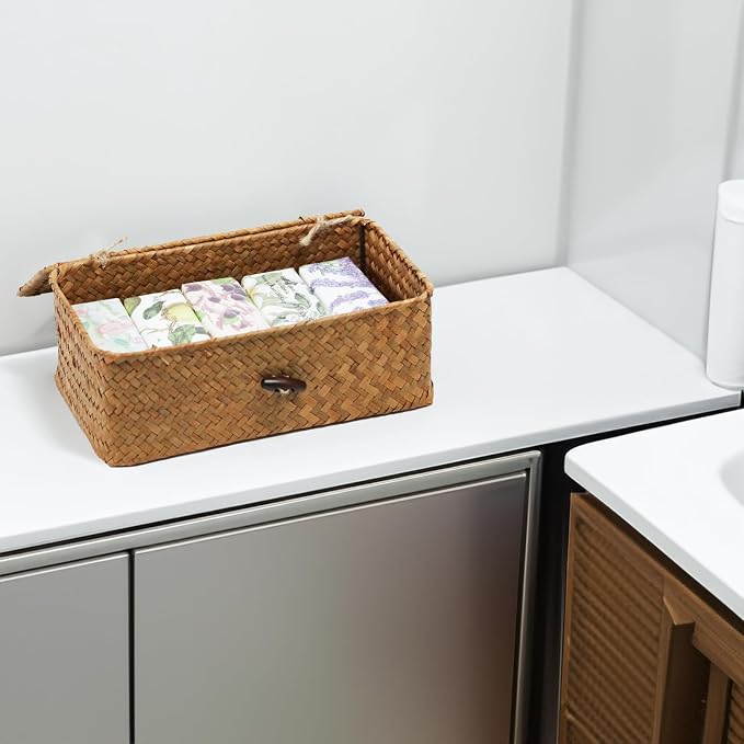 Seagrass Wicker Storage Basket with Lid, Small, Natural | Small Storage Box, Shelf Organizer, Rectangular Woven Bin, Baskets for Organizing, Natural Decor, 9.05 x 5.11 x 3.34