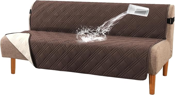 H.VERSAILTEX 100% Waterproof Futon Cover Reversible Sofa Bed Cover Armless Sofa Covers Washable Soft Sturdy Furniture Protector with Adjustable Elastic Strap Anti-Slip, Brown/Beige