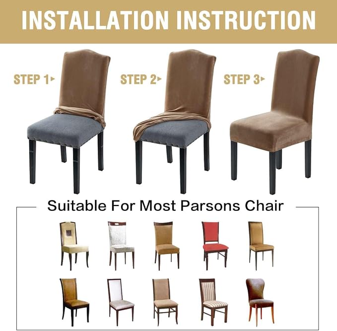 H.VERSAILTEX Velvet Dining Chair Covers Stretch Chair Covers for Dining Room Set of 4 Parson Chair Slipcovers Chair Protectors Covers Dining, Soft Thick Solid Velvet Fabric Washable, Camel