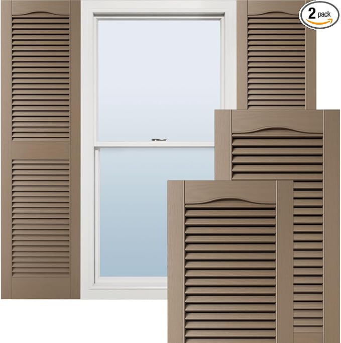 14 1/2"W x 48"H Lifetime Vinyl, Standard Cathedral Top Center Mullion, Open Louver Shutters, w/Installation Shutter-Lok's & Matching Screws (Per Pair), French Roast