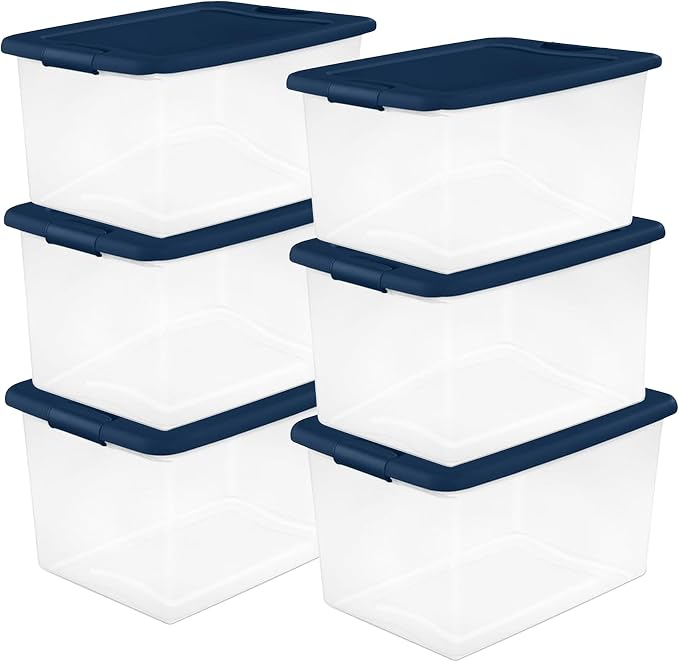 Sterilite Color Program, Large Clear Plastic Storage, 64 Quart, 24-Pack | Clear Bins with Blue Lids - Stackable Organizing Container Boxes for Closet, Bathroom, and Office