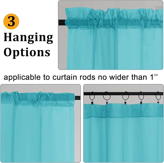 Gwine Turquoise Sheer Curtain Tiers 24 Inch Length, Light Filtering Voile Short - Image 5