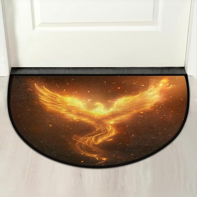 Pardick Half Round Doormat Semi Circle Rug Phoenix Fantasy Gold Non Slip Indoor Outdoor Entrance Half Moon Rug Absorbent Durable Washable Front Floor Mat for Kitchen Bathroom Patio Fireplace