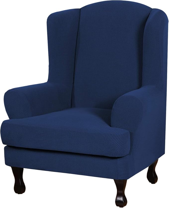 H.VERSAILTEX 2 Piece Stretch Jacquard Wingback Chair Covers Slipcovers Wing Chair Covers (Base Cover Plus Seat Cushion Cover) Furniture Covers for Wingback Chairs, Form Fitted Thick Soft, Navy
