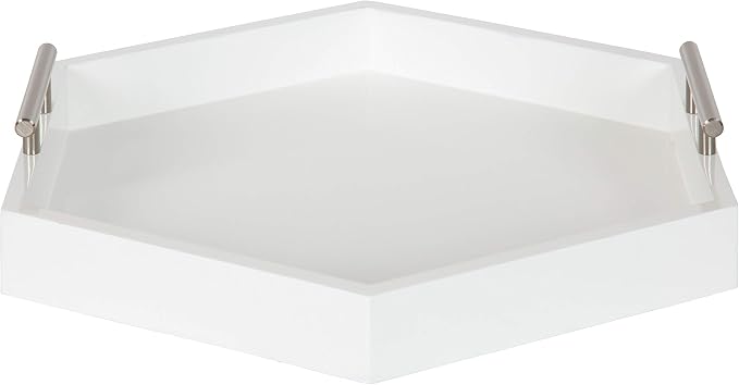 Kate and Laurel Lipton Modern Hexagon Tray, 18 x 18, White and Silver, Decorative Tray for Storage and Display