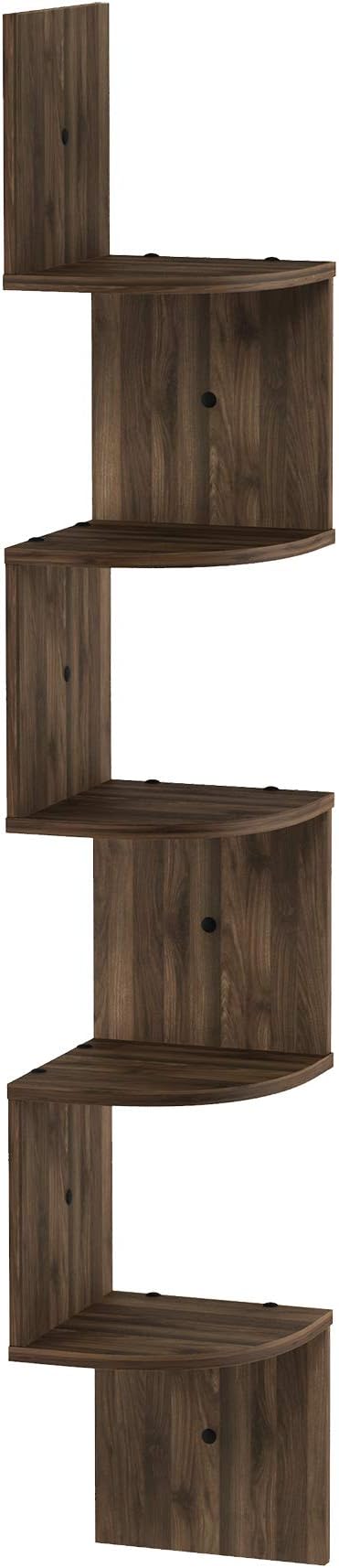 Furinno Rossi Wall Mount Floating Corner Shelf, 5-Tier Radial, Columbia Walnut