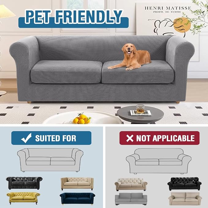 H.VERSAILTEX 3 Pieces Couch Covers for Dogs Stretch Chesterfield Couch Covers for 2 Cushion Couch Sofa Mid Century Deep Seat Slip Covers for Sofas/Couches Thicker Jacquard Fabric(Medium-XL Sofa, Dove)