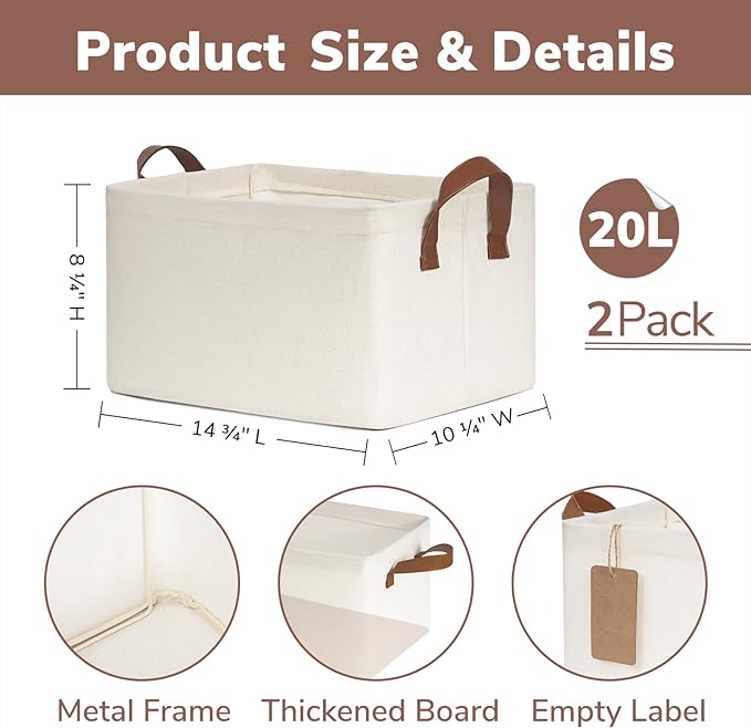 CHICVITA Fabric Storage Bins for Shelves, Metal Frame, 2-Pack, Beige | 20L, 14 ¾" L x 10 ¼" W x 8 ¼" H, Collapsible Design, Towels, Toys & Books Storage, Closet & Living Room Organization