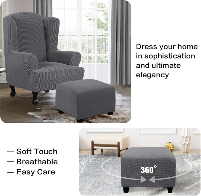 H.VERSAILTEX Ottoman Cover Slipcover Rectangle Fit Length 35"-45" Footrest Sofa Slipcovers Stool Cover Footstool Protector Covers Feature Stretch Thick Soft Jacquard Fabric Removable Washable - Grey