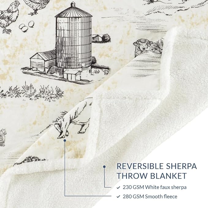 Indigo Hill by HiEnd Accents Farm Life Sherpa Throw Blanket, Brown American Farmstead Rural Life Print Western Blanket for Camping Outdoor, Sherpa Fleece Blanket for Couch, Sofa, Bed, 54x68 inch