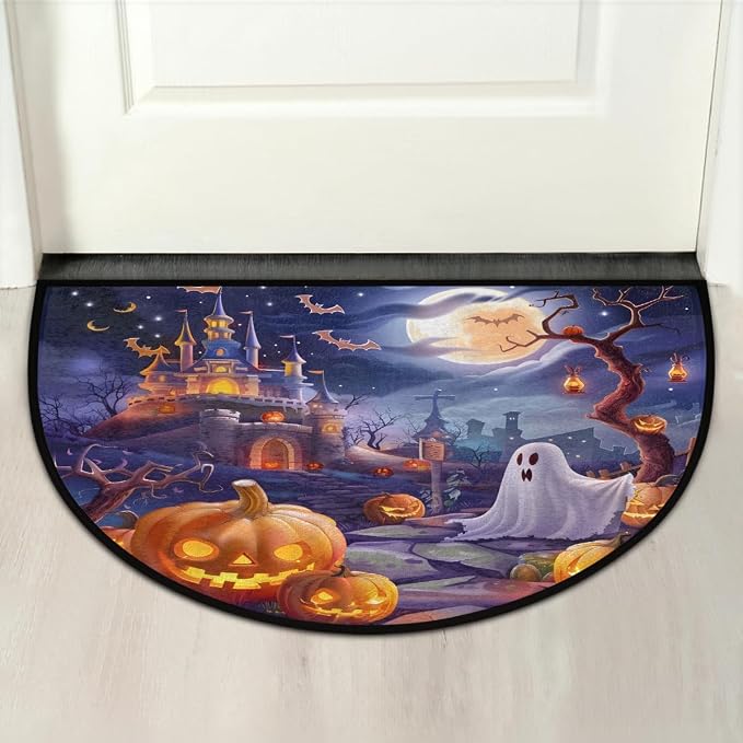 cfpolar Half Round Door Mat Halloween Pumpkin bat Ghosts Non-Slip Semi Circle Area Rug Washable Half Moon Hearth Rugs for Indoor Outdoor Bathroom Kitchen Patio Runner Mat Laundry Room Home Decoration