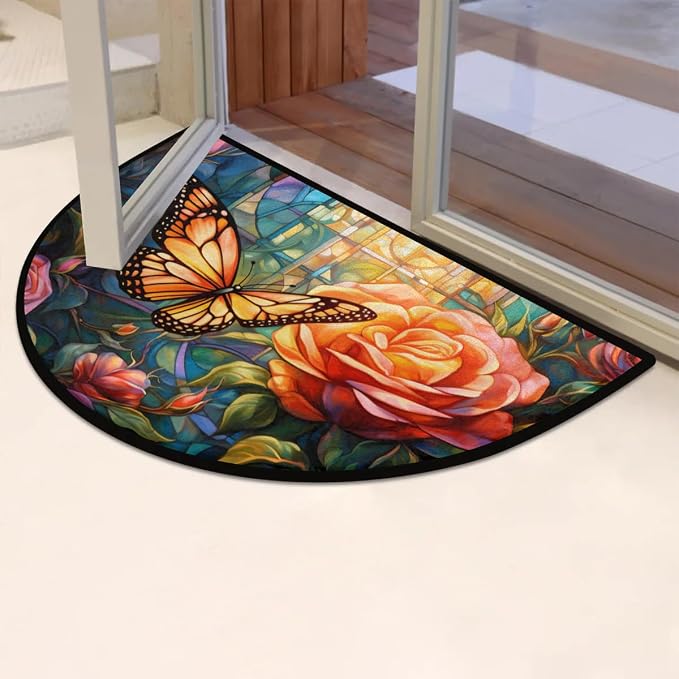 Pardick Vintage Butterfly Rose Anti-Slip Semi Circle Rug - 24X36, Washable Decorative Floor Mat for Kitchen Bathroom Hearth Fireplace